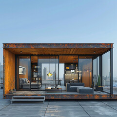 Black metal container with glass windows and doors, 
3D rendering of exterior front view of a small, modern, simple, single-story house made of shipping container with large windows and glass doors on