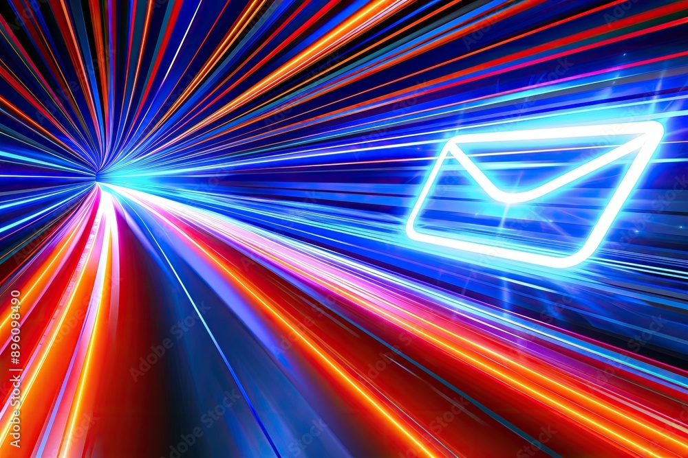 Poster abstract image of digital communication, featuring a neon email envelope icon amid colorful light st