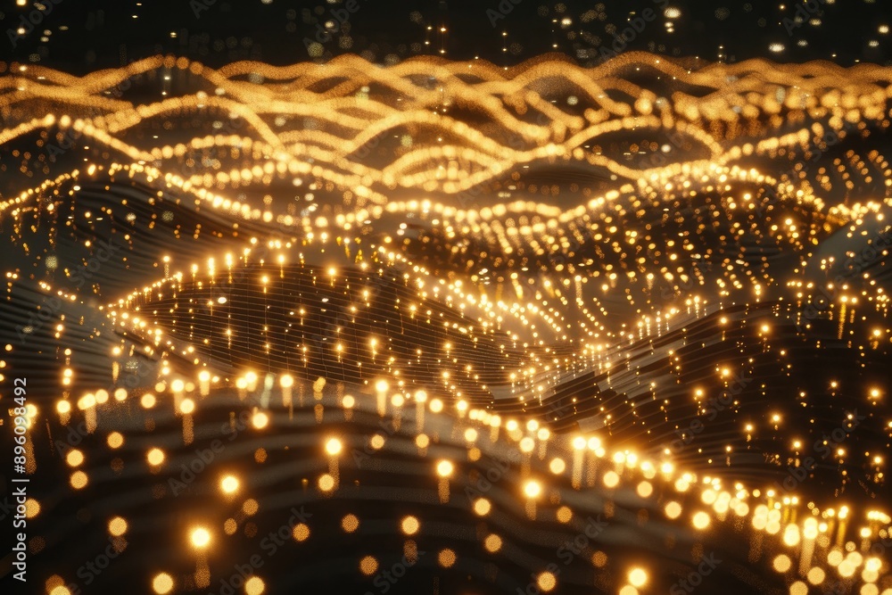 Poster Abstract golden light waves on dark background. Futuristic glowing dots. Digital data visualization. Technology concept.