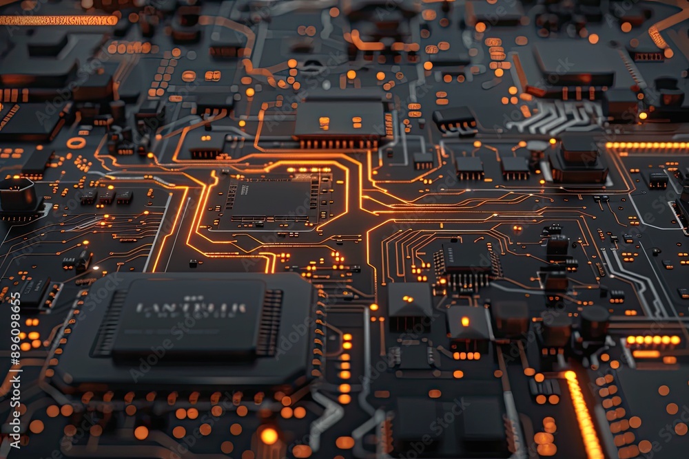 Poster close-up of an intricate and illuminated circuit board, showcasing the complexity and beauty of mode