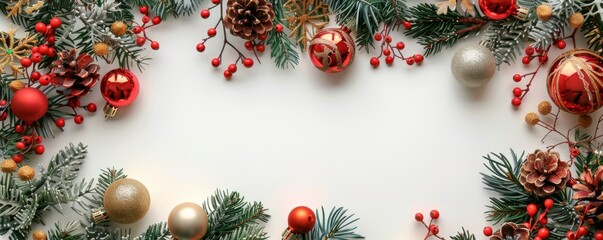 Festive Christmas frame with decorations including ornaments, pine cones, and holly berries on a white background