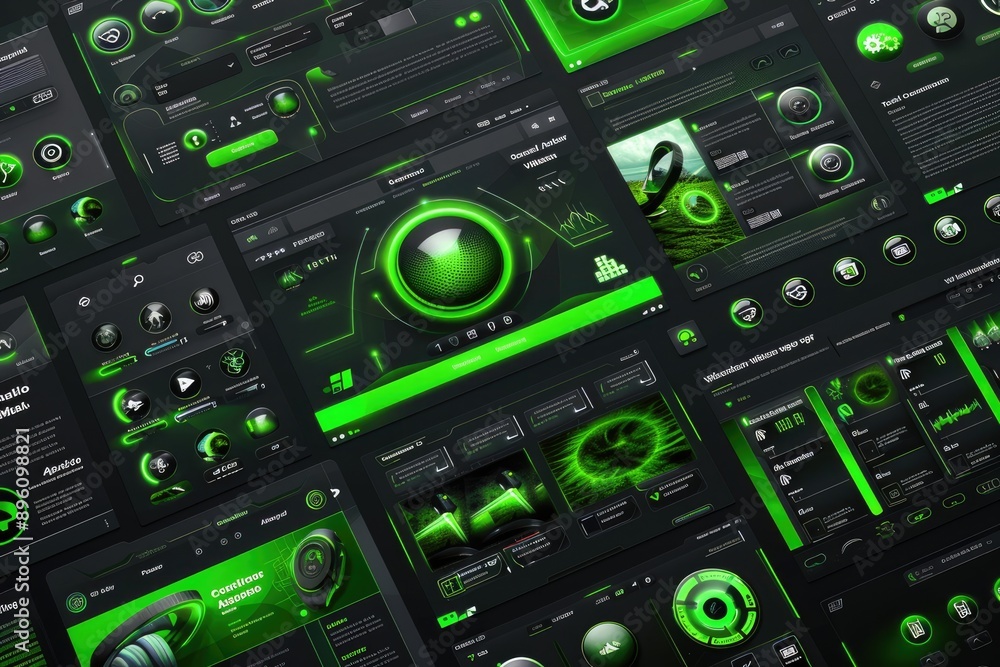 Aufkleber futuristic green user interface design featuring multiple high-tech elements, suitable for technolog
