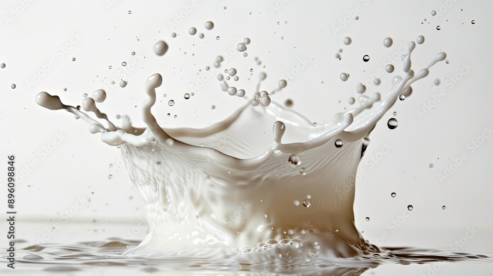 Poster High-speed capture of a milk splash creating intricate patterns and droplets against a plain background.
