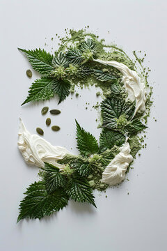 Beautifully arranged nettle powder, pumpkin seeds and thick white cream that together form a curved shape like voluminous hair, just like a single beautifully draped nettle leaf