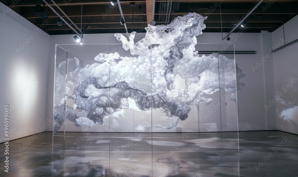 Poster kinetic art installation with moving elements that shift and change shape unpredictably, challenging