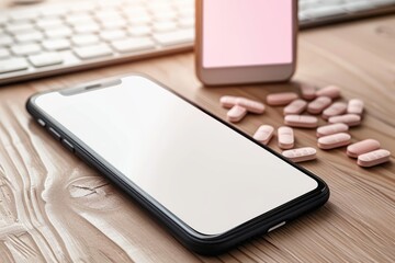 Smartphone on wooden desk with pink pills and a blurred keyboard background, representing technology and healthcare themes.