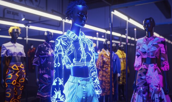 Virtual fashion show featuring digital clothing designs worn by avatars, exploring the intersection of fashion and virtual reality in digital identity expression