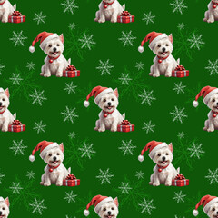 christmas seamless pattern with westie terrier in christmas hat with red gift