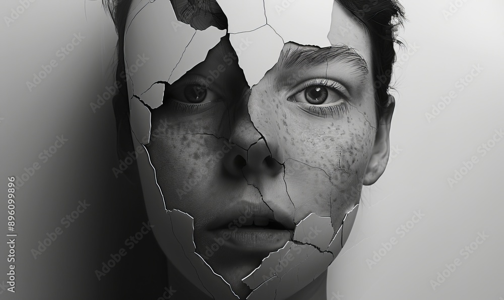 Aufkleber Minimalist portrait with fragmented lines, exploring fractured identities and introspection