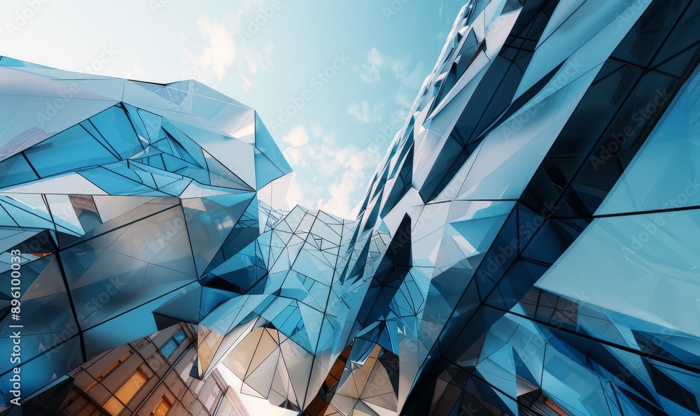 Poster modern architecture fractured into angular shapes, urban design disrupted by geometric disarray