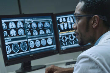 African neurologist man is looking at a computer monitor with several images of brains on it. He is wearing glasses and a white lab coat