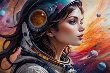 Portrait of a Female Astronaut in Colorful Cosmic Space Art