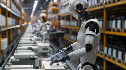 Humanoid working in an advanced manufacturing facility, operating and assembling of components. While other robots collaborate on assembly line. Concept of robots can replace humans in their work.