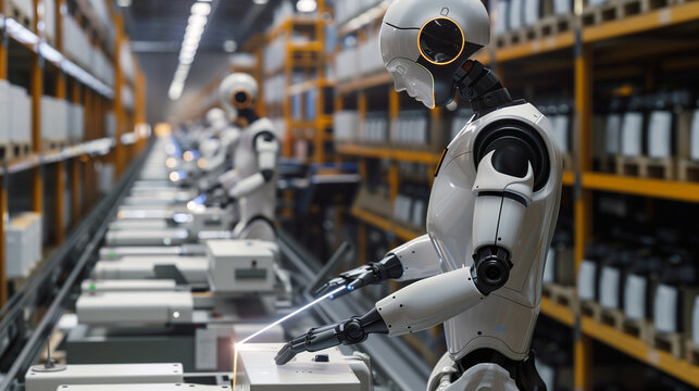 Humanoid working in an advanced manufacturing facility, operating and assembling of components. While other robots collaborate on assembly line. Concept of robots can replace humans in their work.