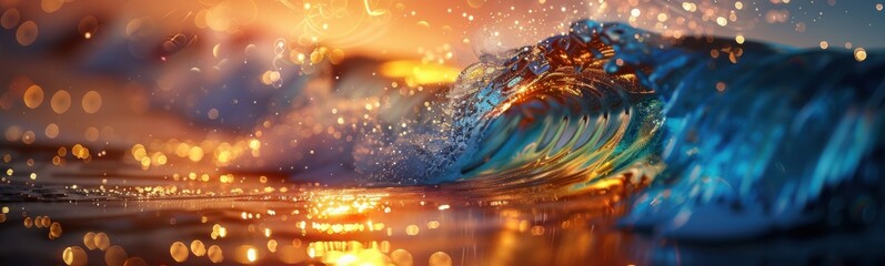 Fototapeta premium Wave in the ocean at sunset with golden light
