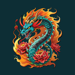 Dragon Tattoo With Blazing Flames Vector Illustration Art