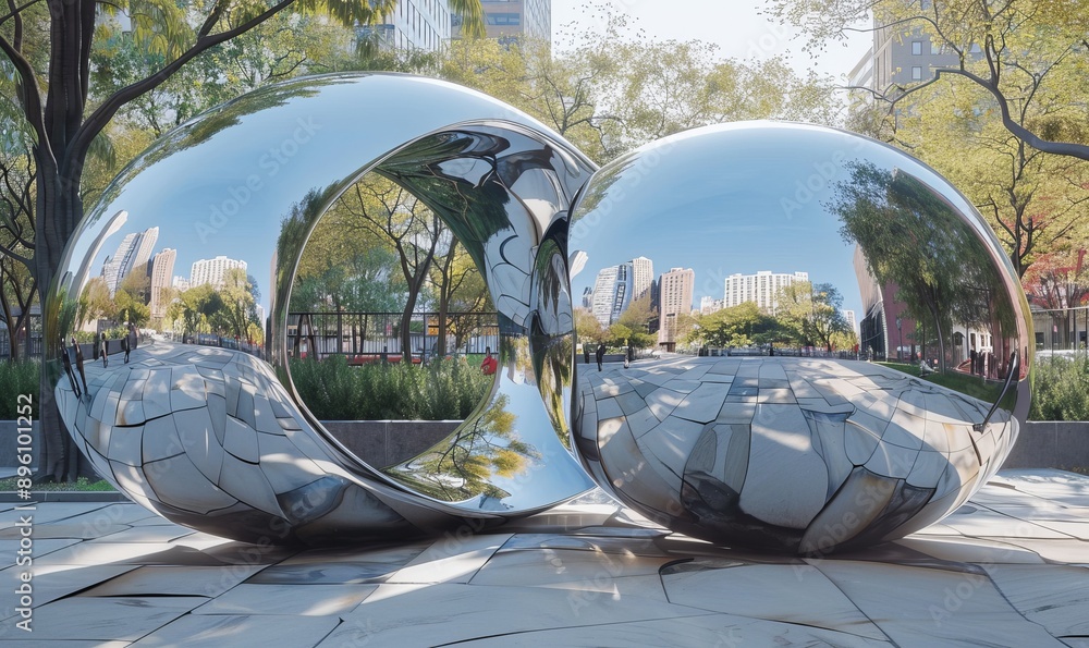 Poster reflective sculpture that distorts and mirrors surroundings, inviting viewers to question subjective