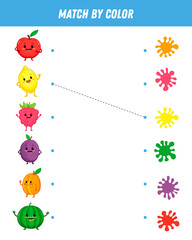 Match colorful fruits by colors. Educational logical game for kids. Worksheet. Cartoon fruit apple, lemon, watermelon, raspberry.