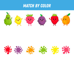 Match colorful fruits by colors. Educational logical game for kids. Worksheet. Cartoon fruit strawberry, lemon, watermelon, raspberry, apricot. 