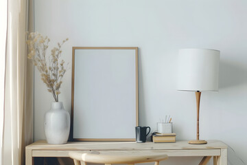 An empty white frame stands on the table along with a vase and a lamp