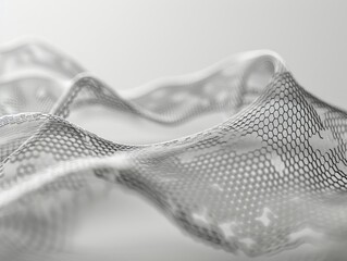 Abstract wireframe wave with varied hexagons on gradient gray scientific backdrop