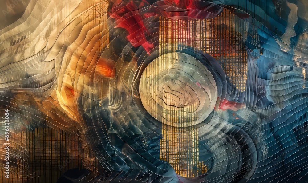 Poster textured abstract artwork with layered patterns, rich colors, and a sense of depth and complexity