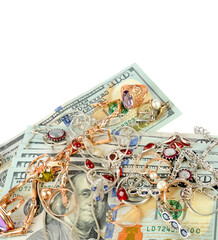 Fototapeta premium American dollars and jewelry isolated on white. Free space for text.