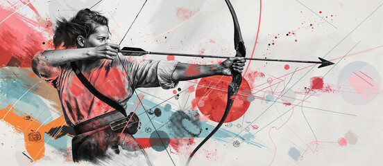 Woman practicing archery with a bow and arrow in a modern art style, background of abstract, artistic brushstrokes and lines, creating a modern and energetic sport banner