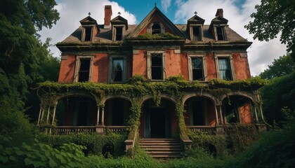 Naklejka premium Halloween, A beautiful old house covered in ivy and surrounded by nature.