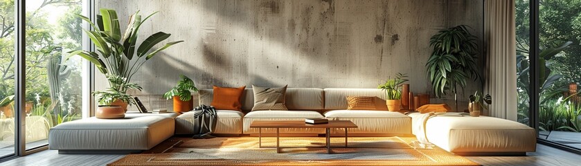 Minimalist living room with a large abstract painting simple sofa and geometric rug modern design neutral tones digital art
