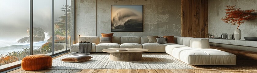 Minimalist living room with a large abstract painting simple sofa and geometric rug modern design neutral tones digital art