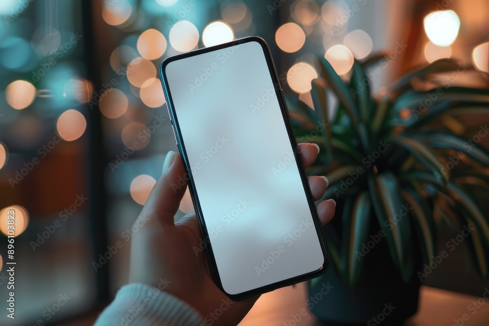 Poster a person holding a mobile phone with a blank white screen, possibly waiting for a message or notific