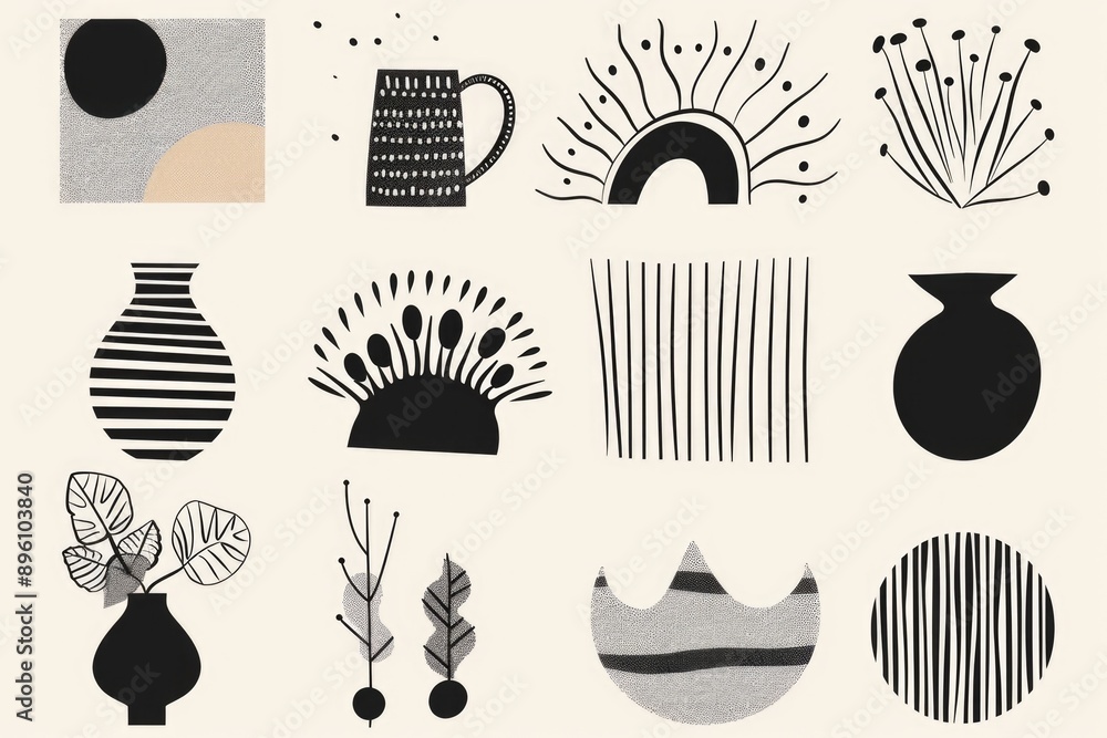 Poster Collection of illustrations featuring various vases and objects in a classic monochrome style