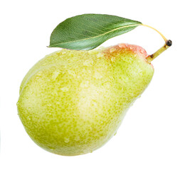 ripe pear with leaf and drops on white background