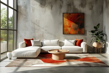 Minimalist living room with a large abstract painting simple sofa and geometric rug modern design neutral tones digital art