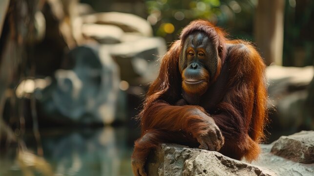 A Thoughtful Orangutan Resting on a Rock