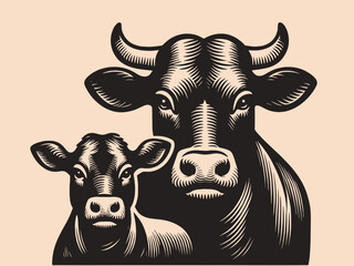 Cow and calf. Face, head. Emblem, vintage engraving vector illustration. Monochrome, black and white.
