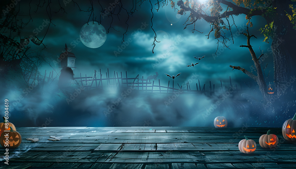 Wall mural spooky halloween background with empty wooden planks