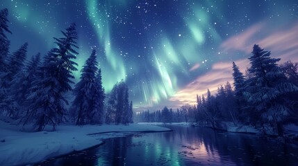 Fototapeta premium Stunning northern lights illuminate a winter landscape, reflecting beautifully on a tranquil river surrounded by snow-covered trees.