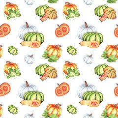 Seamless pattern with bright white, orange and green pumpkins, butternut squash and green leaves. Fall pattern for textile, wrapping paper, curtain, tablecloth. Hand-drawn watercolor illustrations.