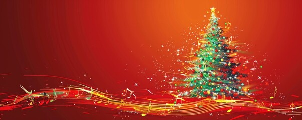 Festive Christmas tree adorned with musical notes on a vibrant red background