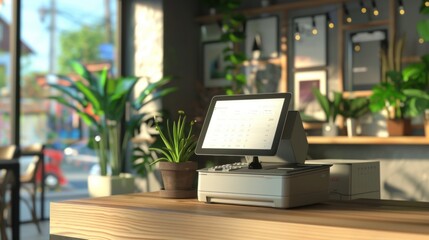 Fototapeta premium Up-to-date cash register or ordering machine with screen on a table or bar in a store