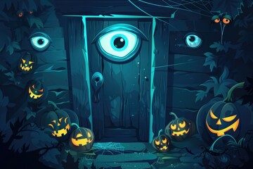 A dark wooden door with a carved pumpkin eye and autumnal atmosphere