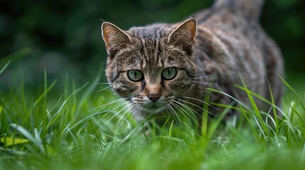 A Tabby Cat Stalking Through Tall Grass