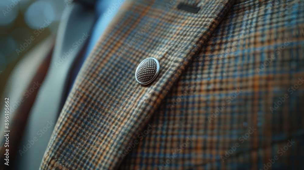 Poster a close-up shot of a button on a jacket, suitable for use in fashion or textile designs