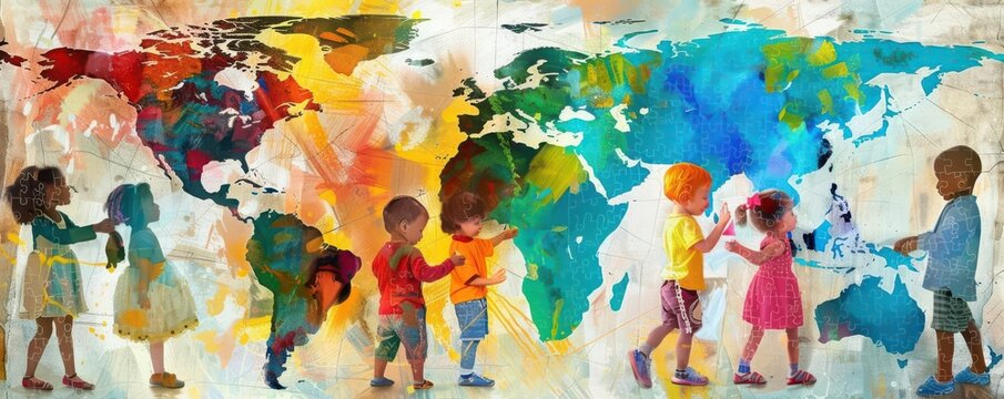A vibrant scene of children from different cultures working together to complete a puzzle map, Diversity, Bright colors, Digital painting, highlighting unity and collaboration