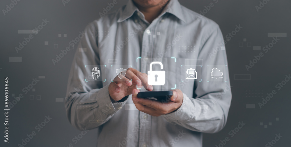 Aufkleber cyber ​​security and global network concept , businessman protecting personal data on mobile phone w