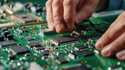 Close-up of hands assembling electronic circuit board.
