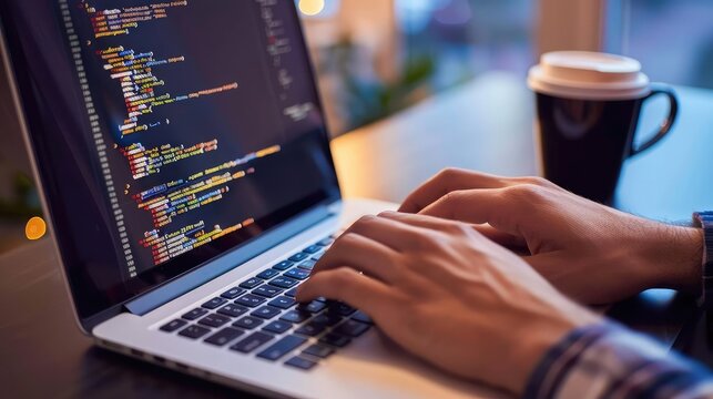 Close-up of hands typing code on a laptop with a coffee cup in the background.