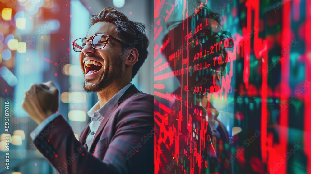 Wall mural a split-screen image with one side showing a businessman cheering and the other side showing a stock
